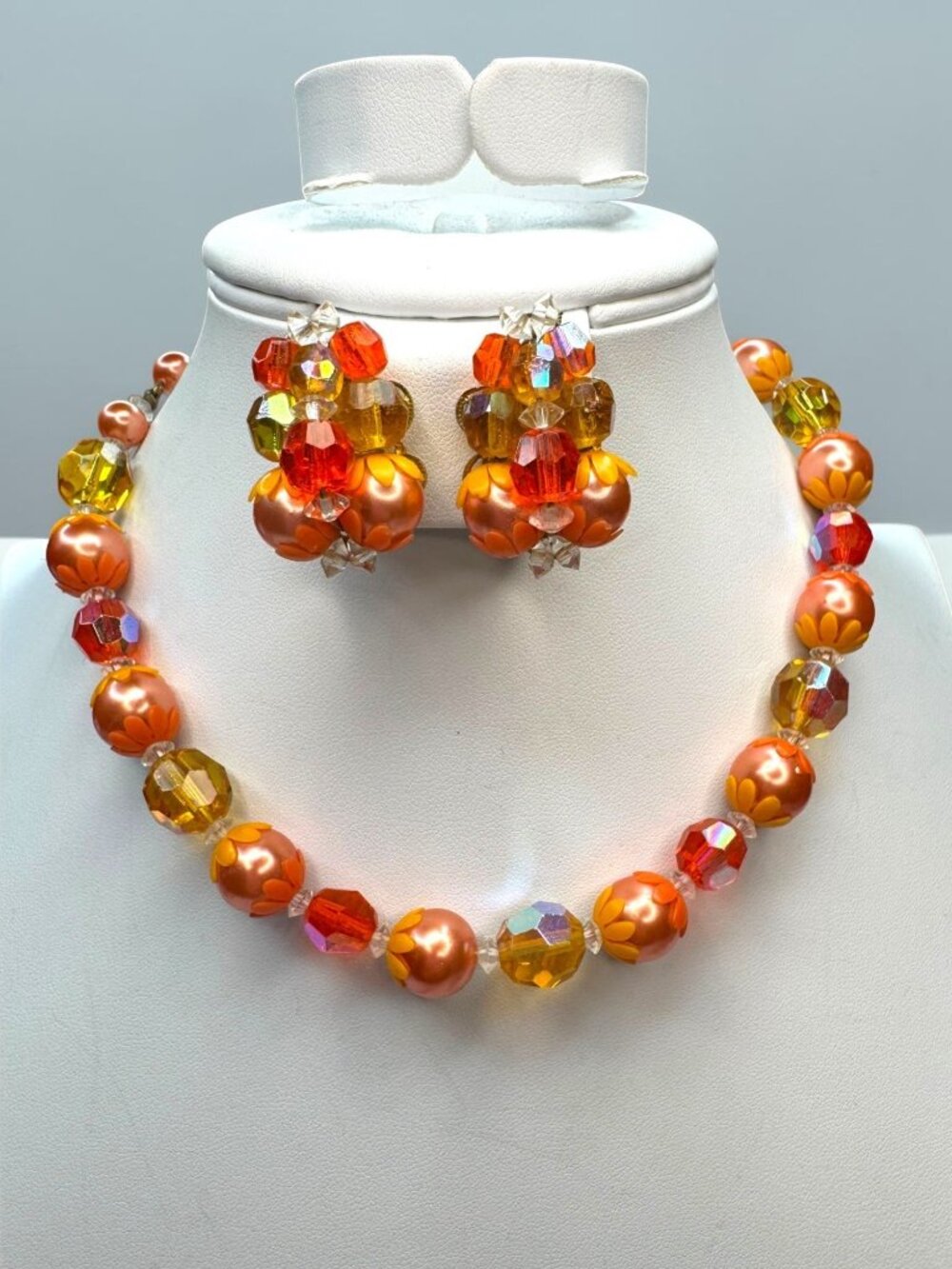 Necklace Earrings Set Orange Faux Pearl Crystal Cluster Beaded Vintage 1960s